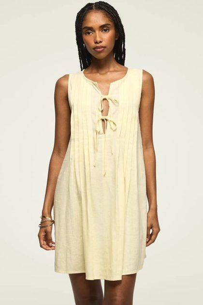 PLEATED TIE NECK MINI DRESS, TRANSPARENT YELLOW