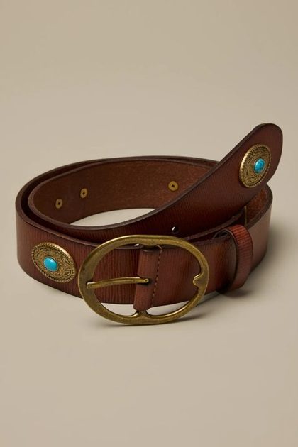 WESTERN TURQUOISE ORNAMENTED LEATHER BELT, TAN