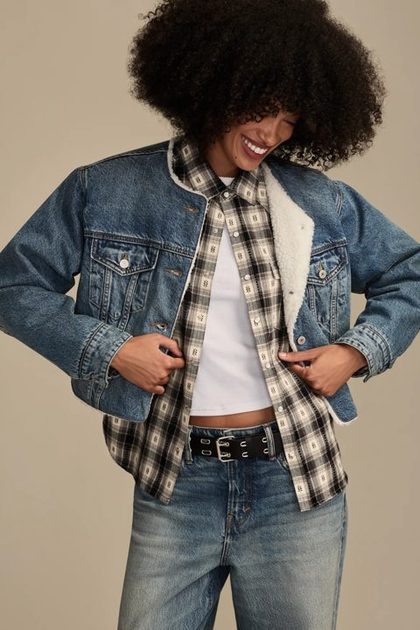 FAUX SHEARLING COLLARLESS CROPPED TRUCKER, COZY COTTAGE WASH