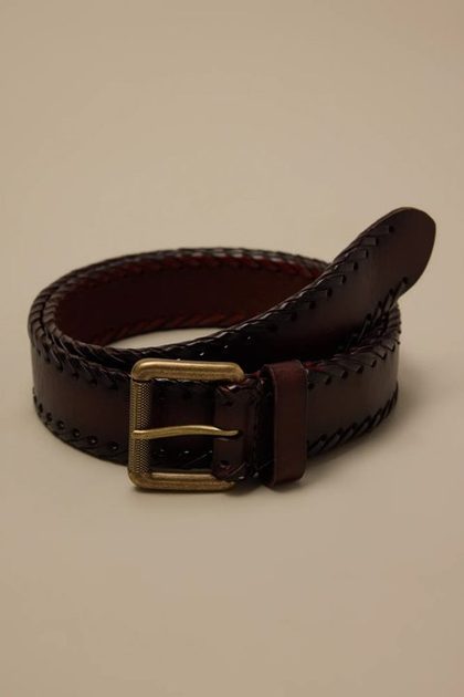 STITCHED LEATHER BELT, DARK BROWN