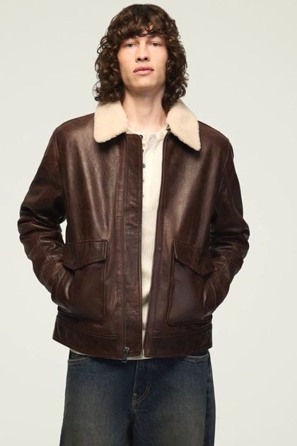 LEATHER AVIATOR JACKET, BROWN