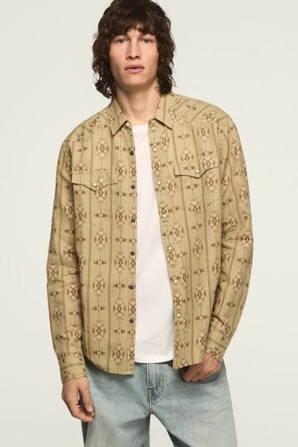 LINEN LONG SLEEVE WESTERN SHIRT, KHAKI MULTI