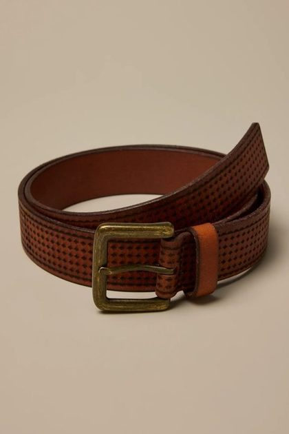 DIAMOND DEBOSSED LEATHER BELT, TAN