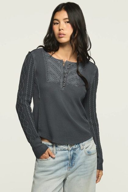 Pintuck Sweater Mix Henley, INDIA INK