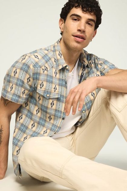 SHORT SLEEVE MESA WESTERN JACQUARD SHIRT, BLUE PLAID