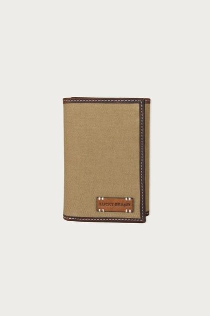 CANVAS WITH LEATHER TRIM TRIFOLD WALLET, NATURAL