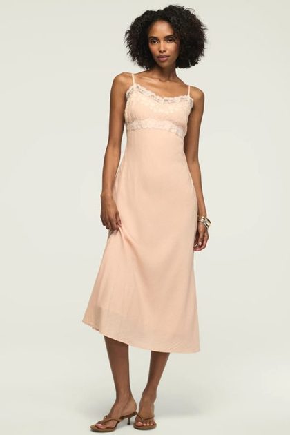 LACE TRIM MIDI DRESS, BLUSH
