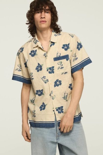 SHORT SLEEVE PRINTED CAMP COLLAR SHIRT, BLUE PRINT