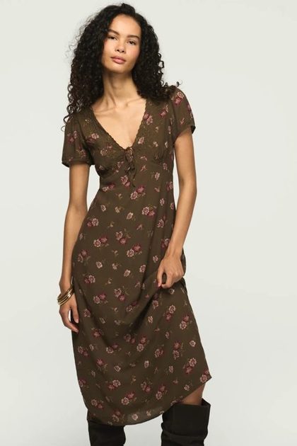 EMBROIDERED SHORT SLEEVE SIMONE MIDI DRESS, OLIVE FLORAL