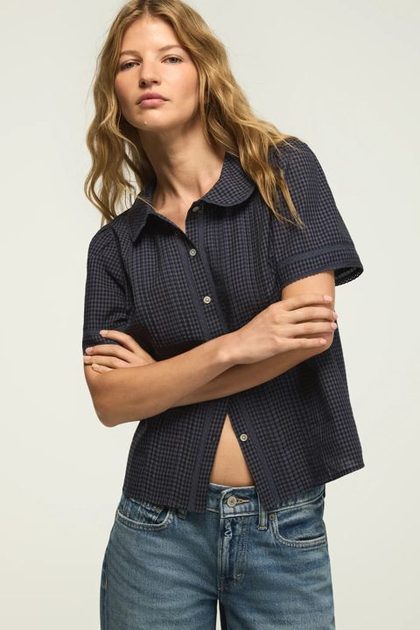SHORT SLEEVE PETER PAN BLOUSE, NAVY GINGHAM