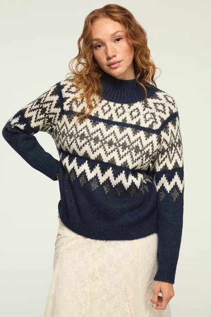 FAIR ISLE MOCK NECK, DARK BLUE HEATHER