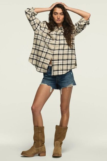 PLAID BUTTON DOWN SHIRT, CREAM PLAID