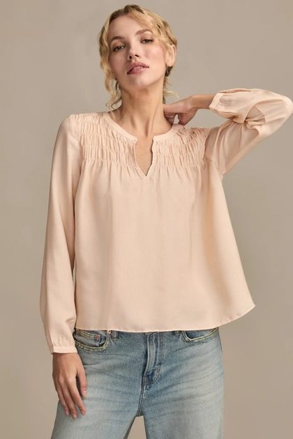 SMOCKED YOKE PEASANT TOP, MAUVE WINE