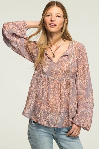 LONG SLEEVE PAISLEY PRINT MIX PEASANT TOP, PURPLE PAISLEY