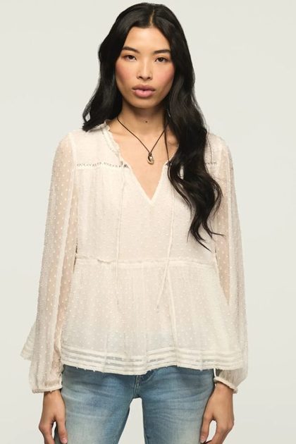CLIP DOT LONG SLEEVE LACE TOP, CREAM