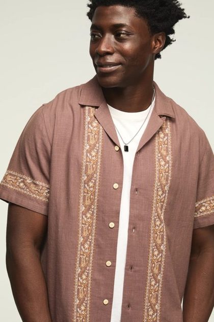 EMBROIDERED CAMP COLLAR SHIRT, BROWN MULTI