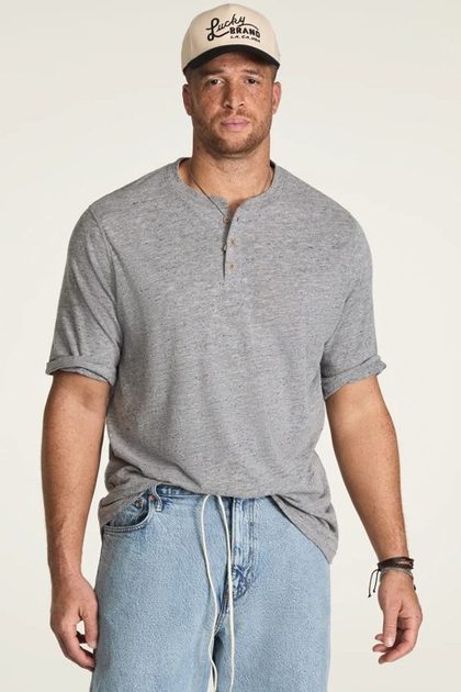 BIG AND TALL LINEN SHORT SLEEVE HENLEY TEE, BLACKENED PEARL
