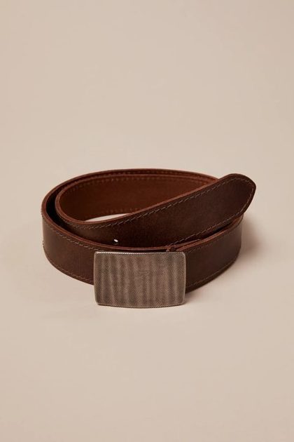 TEXTURED PLAQUE BELT, DARK BROWN