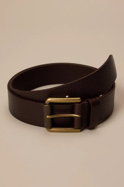 TEXTURED LEATHER BELT, DARK BROWN