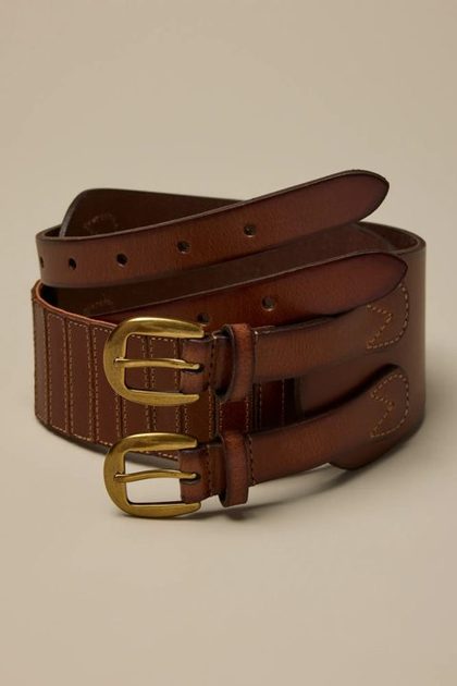 DOUBLE BUCKLE LEATHER STRETCH BELT, BROWN