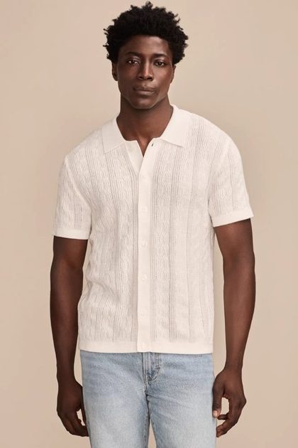 SHORT SLEEVE BUTTON DOWN SWEATER, TOFU