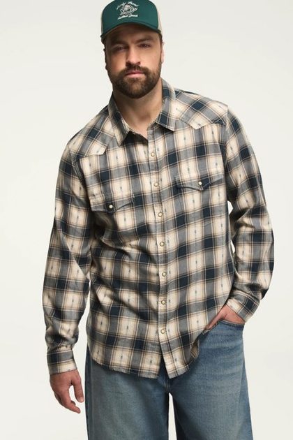 BIG AND TALL LONG SLEEVE DOBBY WESTERN, NAVY MULTI