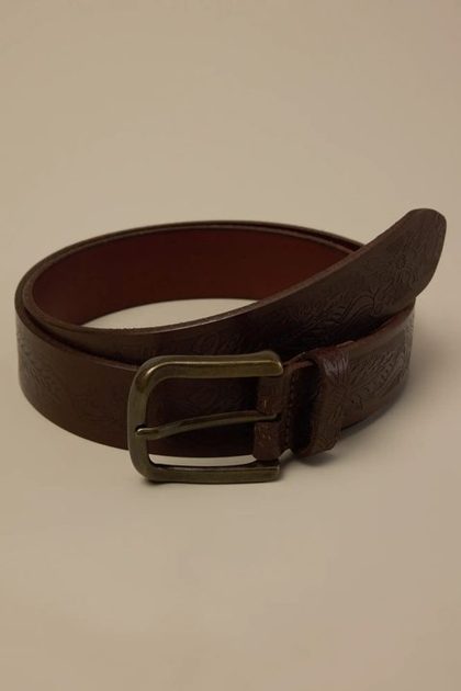 Foliage Embossed Leather Belt, BROWN