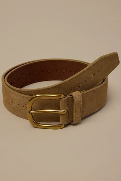 STUDDED SUEDE BELT, BEIGE