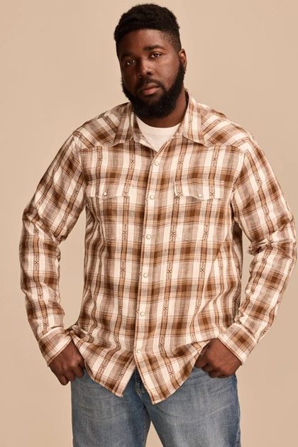 BIG & TALL DOBBY WESTERN LONG SLEEVE SHIRT, BROWN MULTI