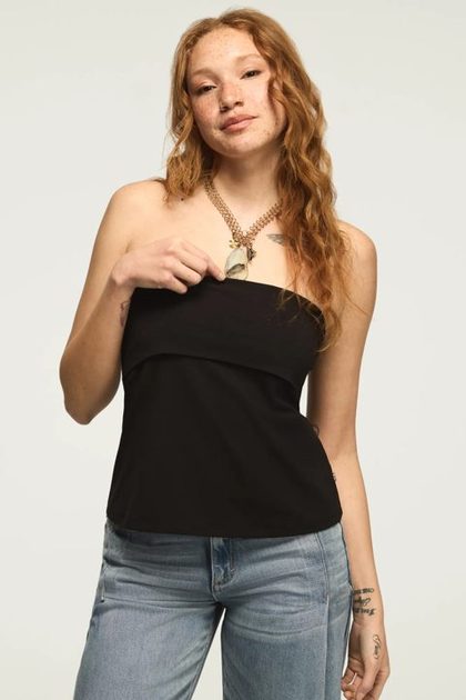FOLDOVER KNIT TUBE TOP, JET BLACK