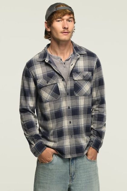 PLAID BRUSHED KNIT SHIRT, NAVY MULTI