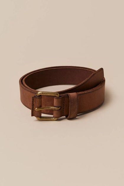 COVERED ROLLER BUCKLE LEATHER BELT, DARK BROWN