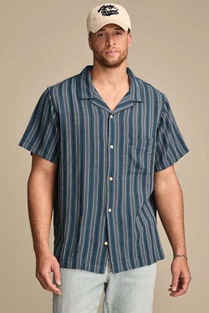 BIG & TALL SHORT SLEEVE CAMP COLLAR SHIRT, BLUE MULTI