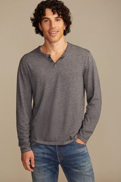 VENICE BURNOUT LONG SLEEVE NOTCH NECK TEE, JET BLACK