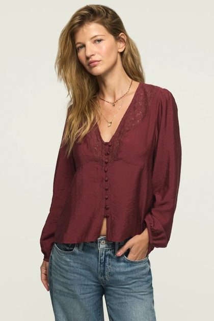 LONG SLEEVE LACE BUTTON THROUGH, OXBLOOD RED