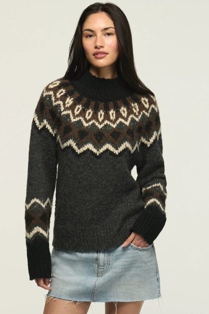 Fair Isle Mock Neck Sweater, CHARCOAL HEATHER GREY