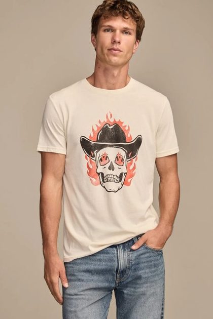 FLAMING SKULL TEE, BONE WHITE