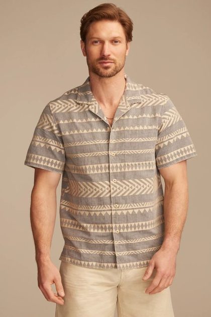 TEXTURED STRIPE CAMP COLLAR SHORT SLEEVE SHIRT, GREY MULTI